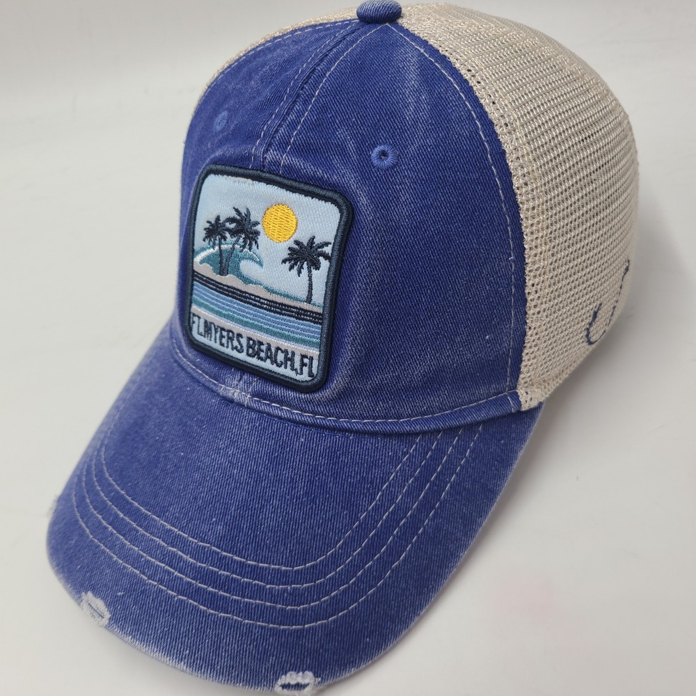 Ft Myers Beach Hat Snapback (Fits Small) Mesh Blue Beige Distressed Florida Fort